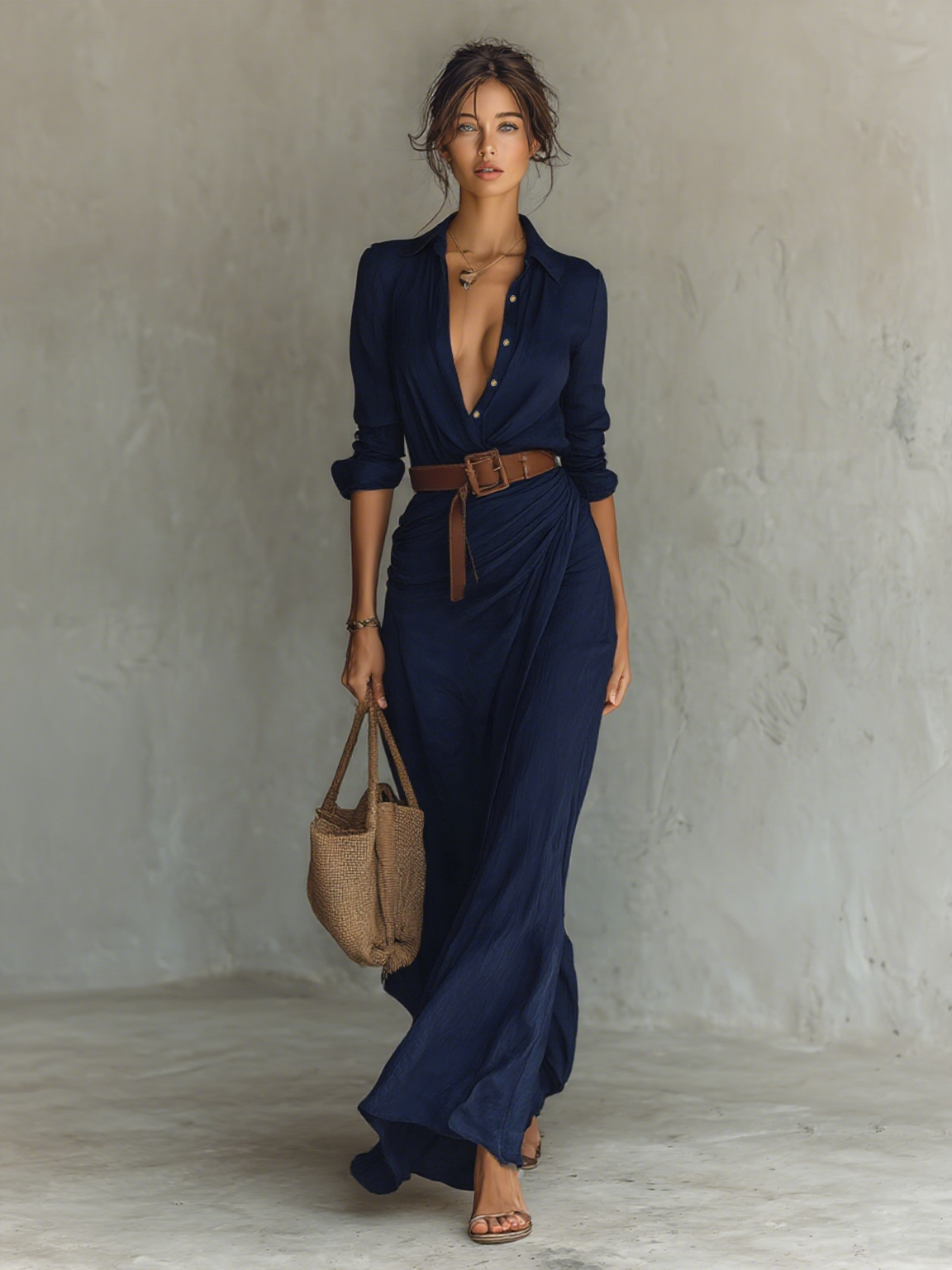 Vestido largo de lino con cuello de solapa y mangas largas.