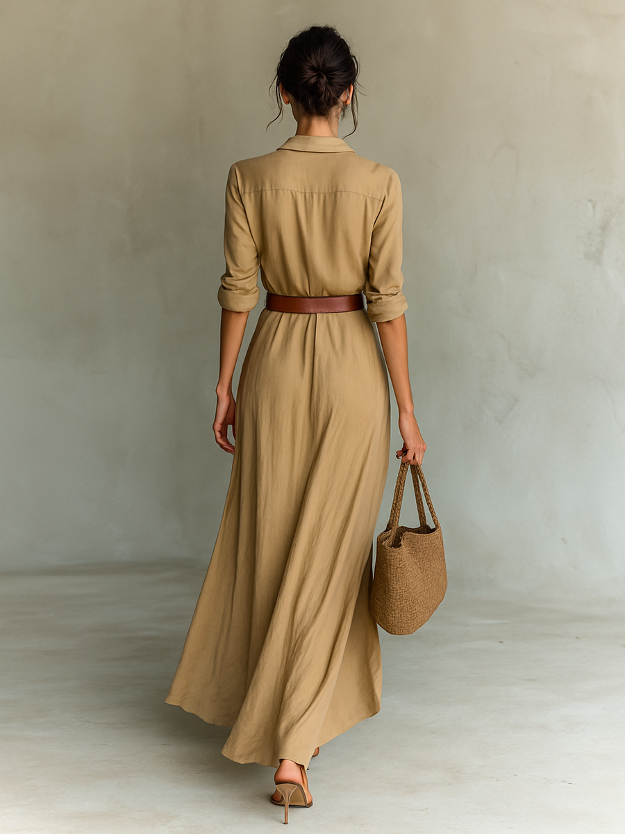 Vestido largo de lino con cuello de solapa y mangas largas.